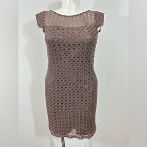 NWOT JAX Brown Metallic Gold Cap Sleeves Lace Lined Cocktail Midi Dress 12
